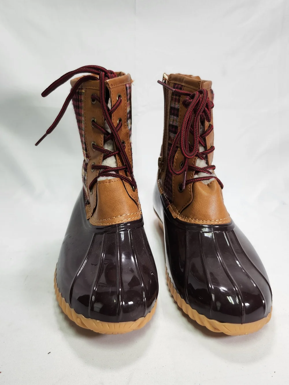 Sporto Maroon Plaid Duck-Style Lace-Up Rain Boots with Tan Trim